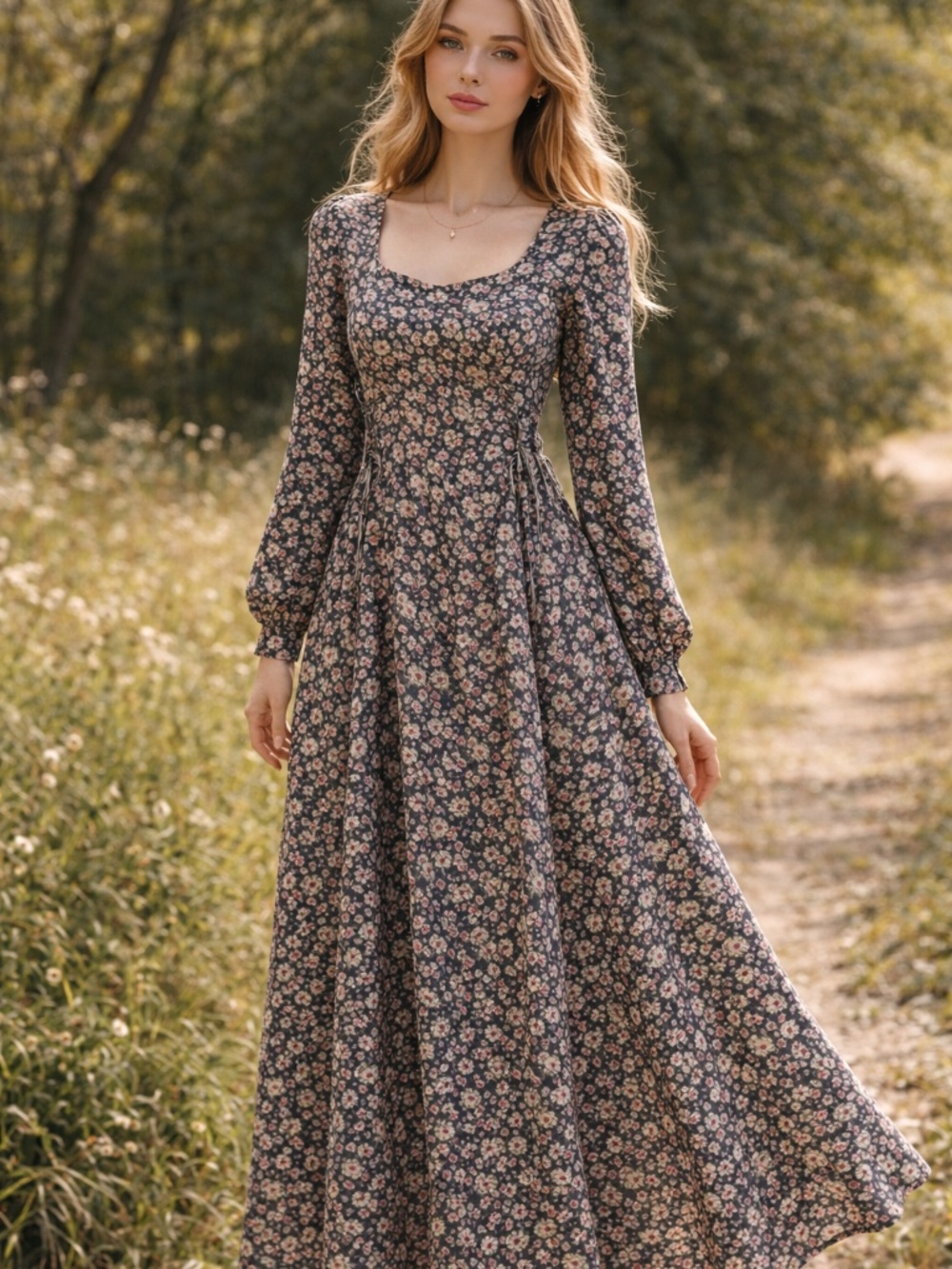 Maxi dress 11 vintage dark florals corset laces sleeves cottage core renaissance